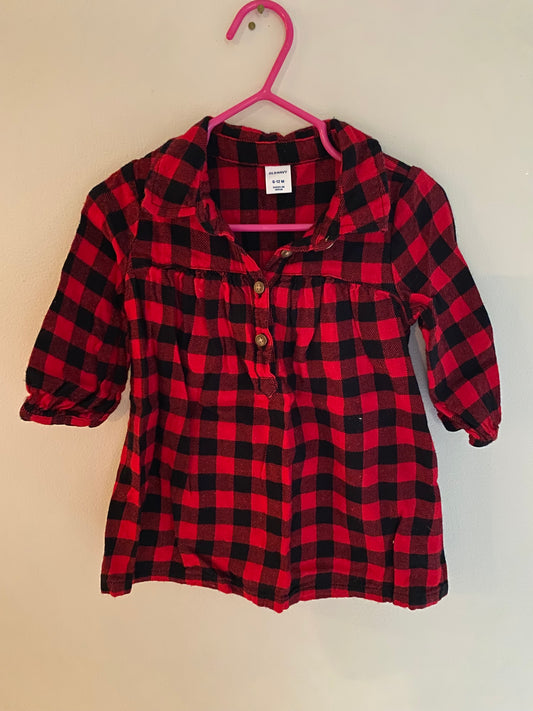 #84B- Girls 6-12M, Old Navy red Buffalo dress, EUC