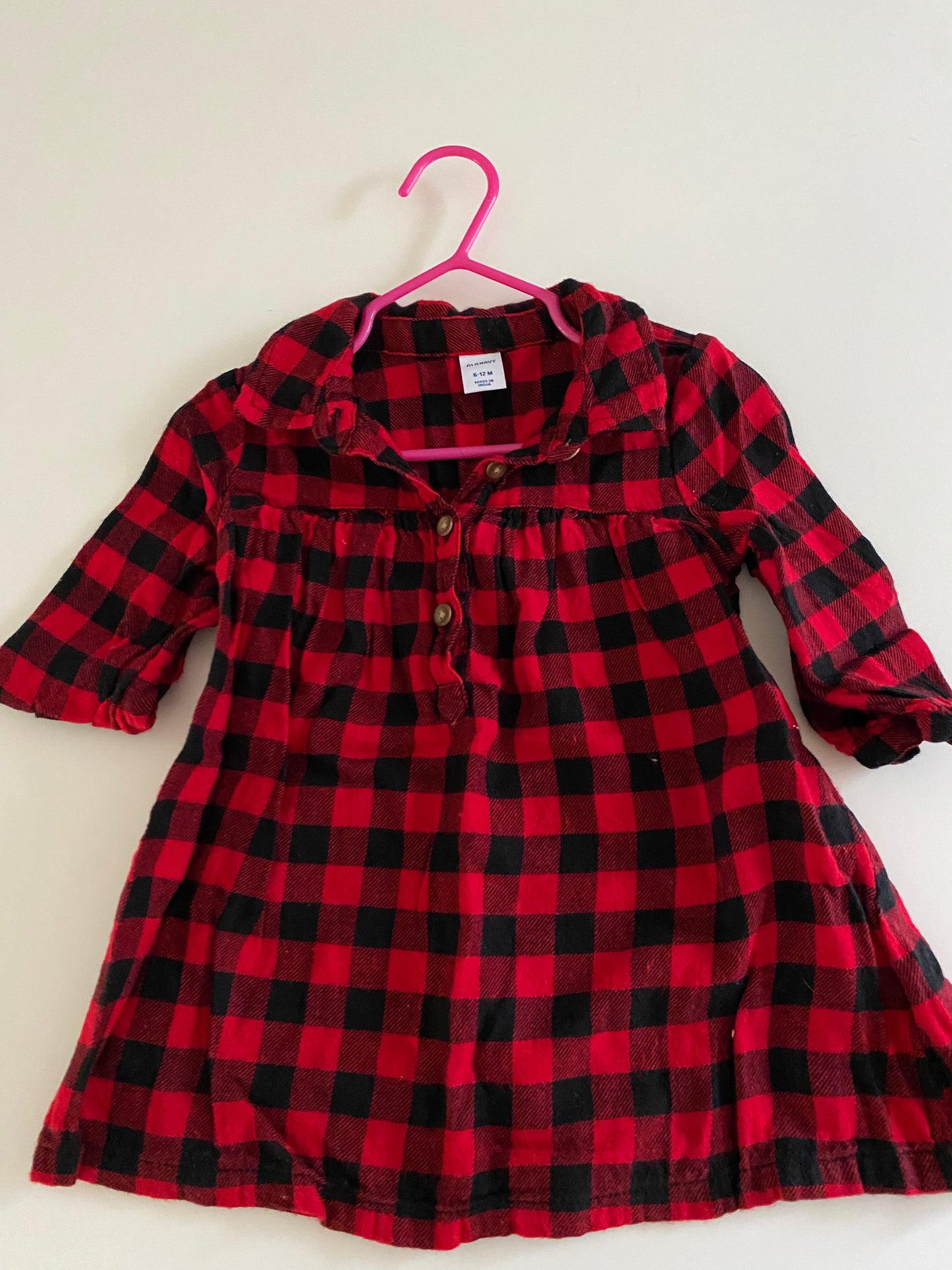 #84B- Girls 6-12M, Old Navy red Buffalo dress, EUC