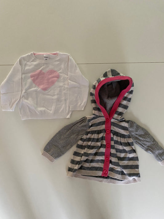 #84B- Girls 12M, Carter’s pink heart sweater and striped cardigan sweater, GUC