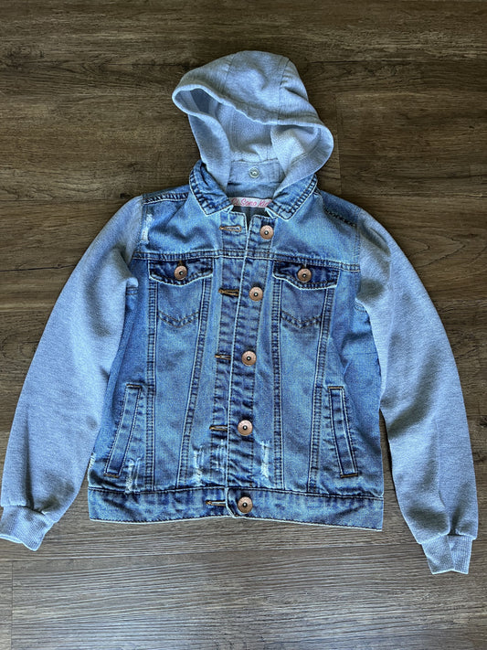 #124 Medium Wash Denim Jacket with Gray Sleeves & Removable Hood Girls Size S 8