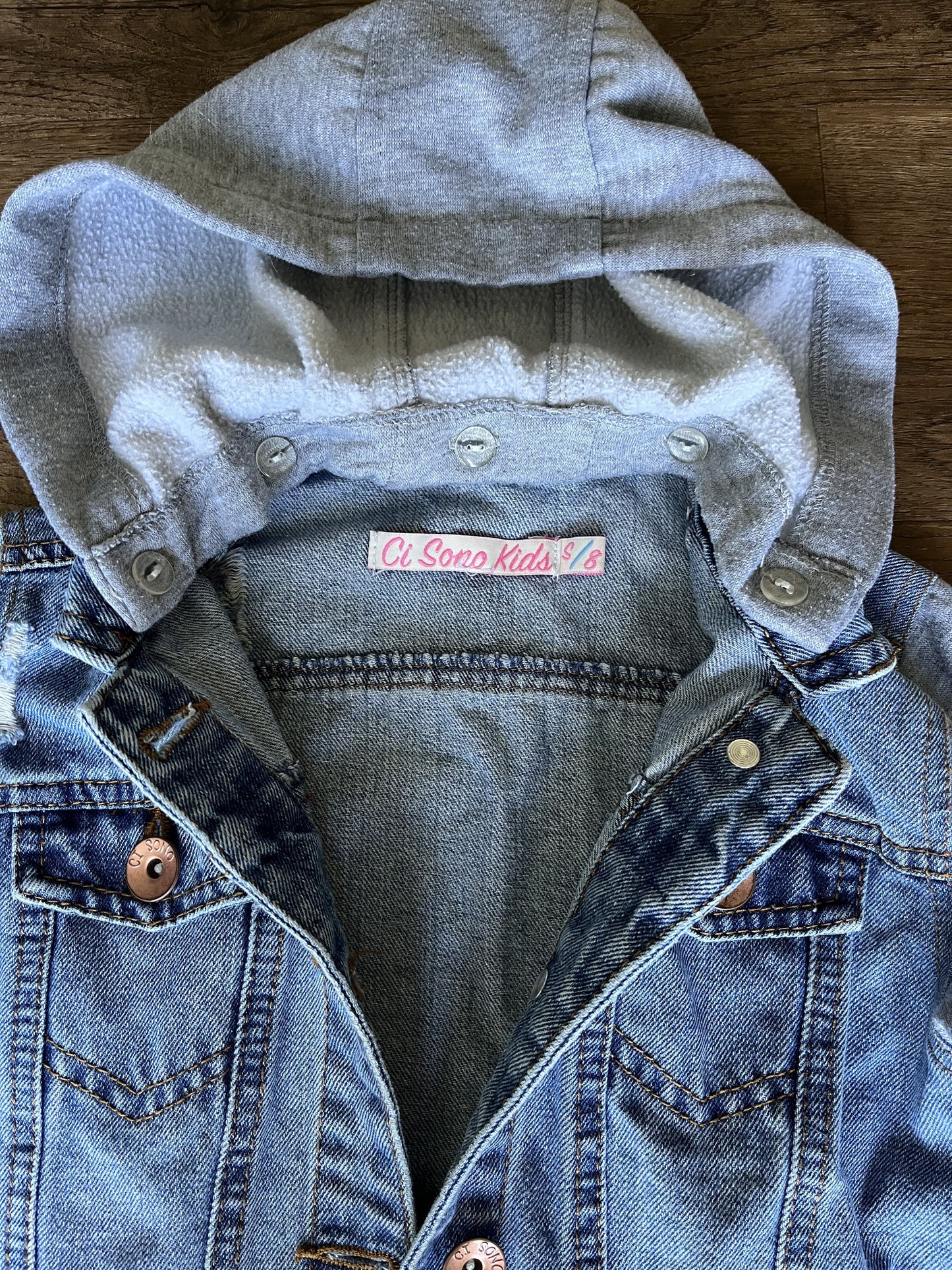 #124 Medium Wash Denim Jacket with Gray Sleeves & Removable Hood Girls Size S 8