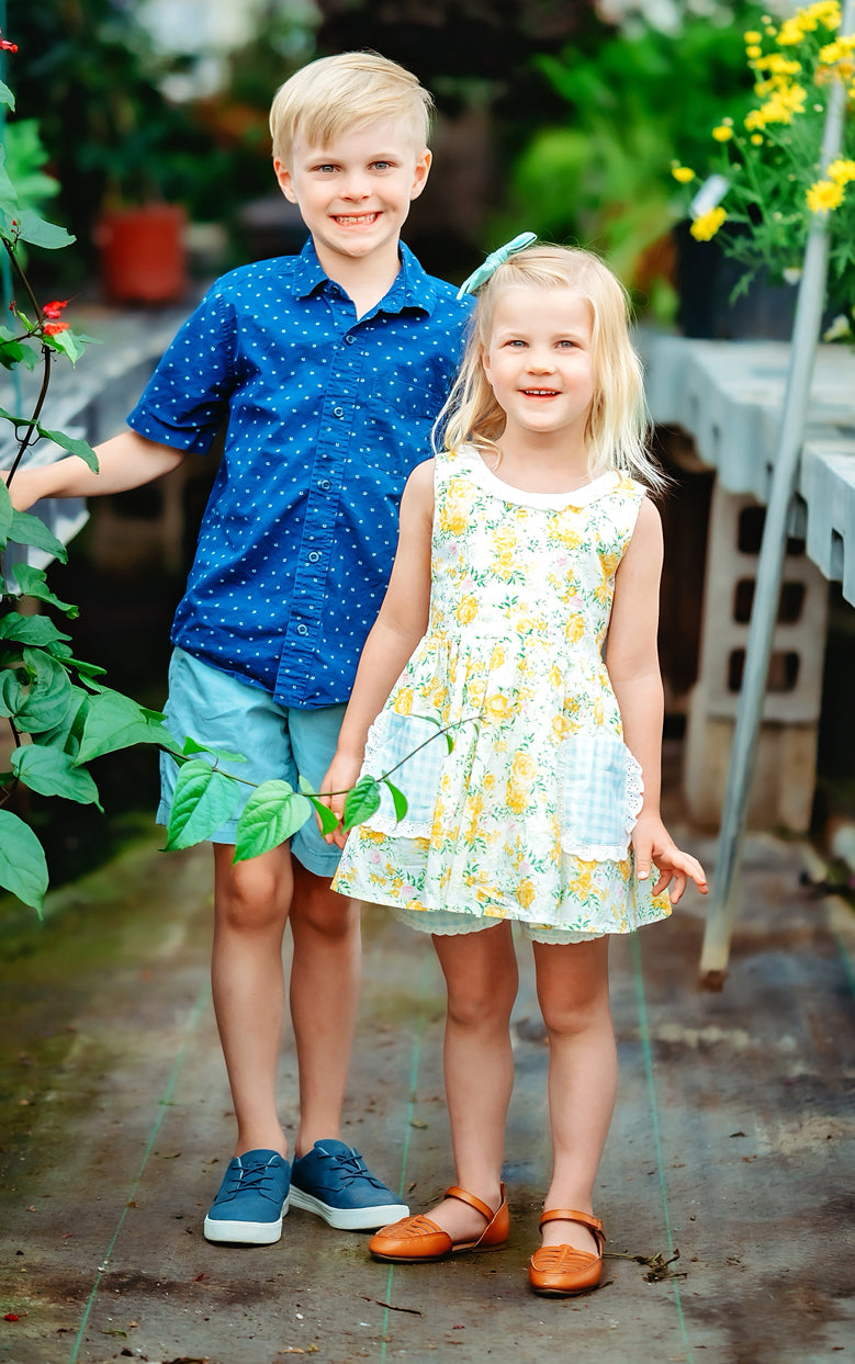 #66 5T floral Sweethoney yellow floral dress with pale blue gingham bloomers, VGUC