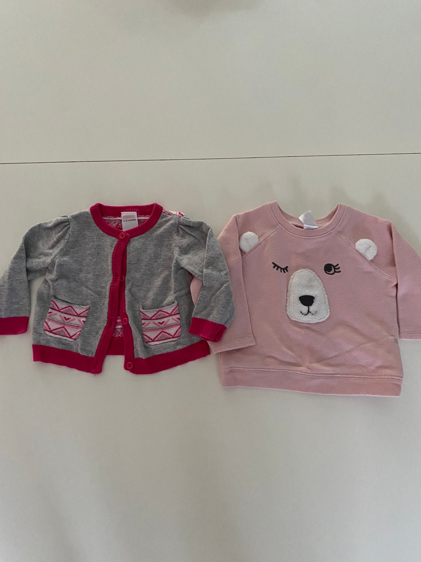 #84B- Girls 12M, Gymboree pink heart cardigan and Carter’s pink bear sweatshirt, GUC