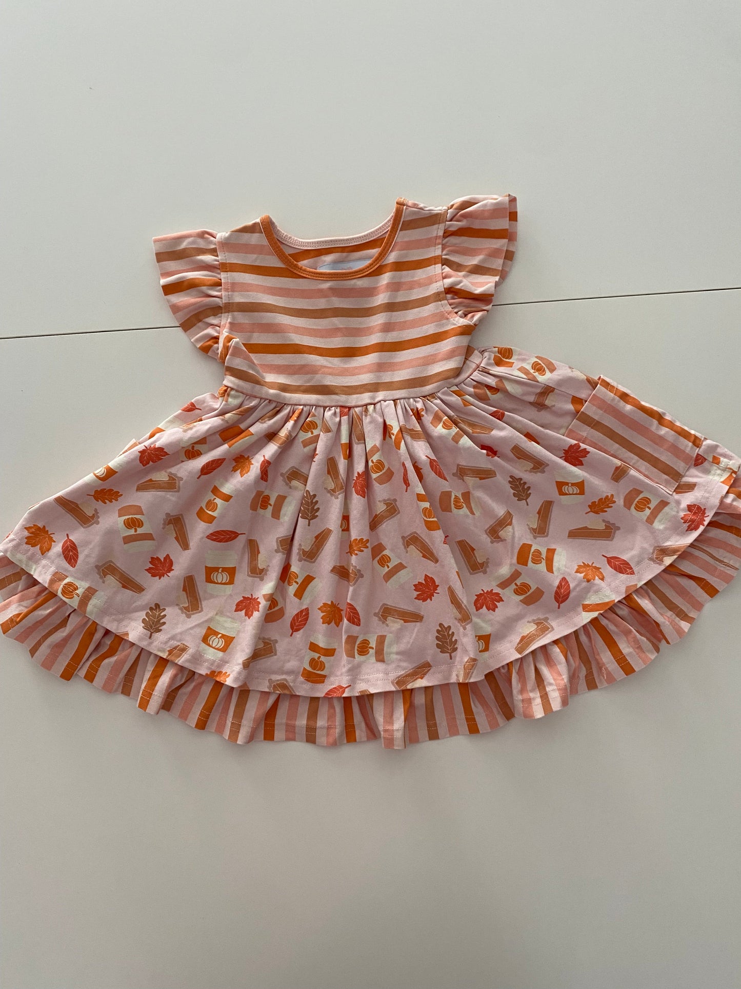 #117- Girls 3T, Smocked Sweets Fall twirl dress, orange striped, EUC,*reduced*