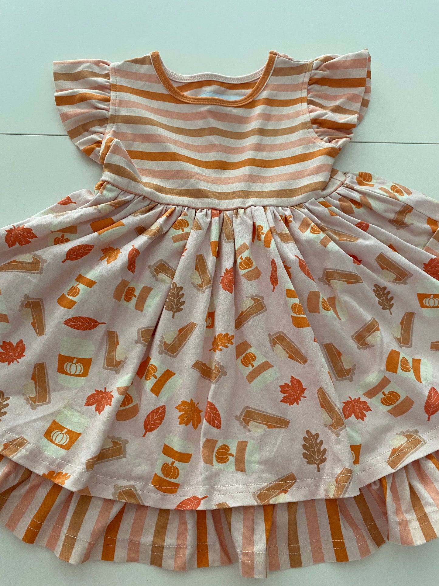 #117- Girls 3T, Smocked Sweets Fall twirl dress, orange striped, EUC,*reduced*
