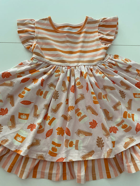 #117- Girls 3T, Smocked Sweets Fall twirl dress, orange striped, EUC,*reduced*