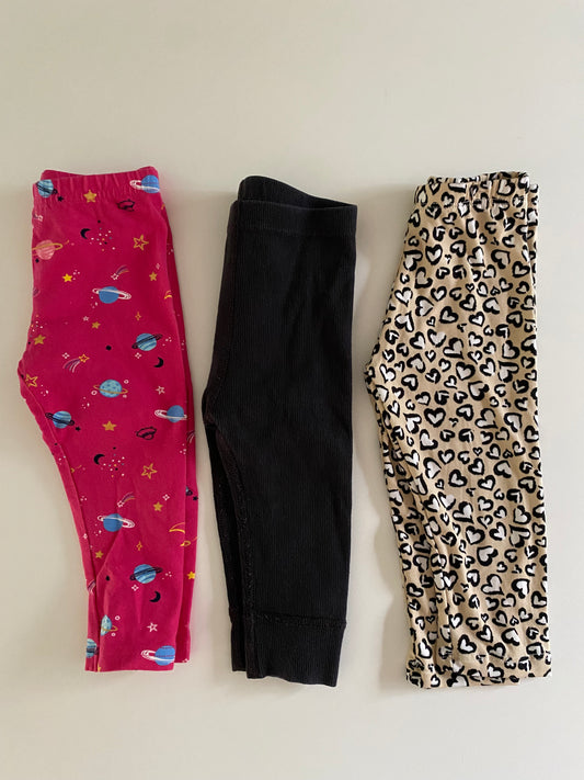 #84B- girls 12-18M, leopard, pink planets, & black ribbed legging bundle