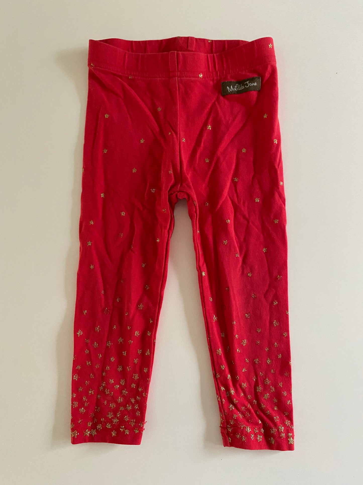 #84B- Girls 12-18M, Matilda Jane red leggings with gold stars, GUC