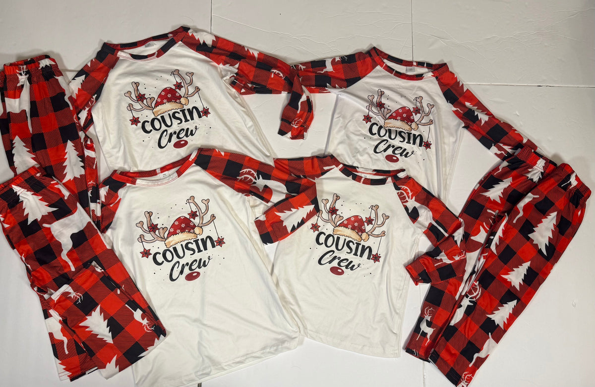 #141 Unisex Set of 4 Cousin Crew Holiday Pajamas 2 Size 6/7 and 2 Size 3/4