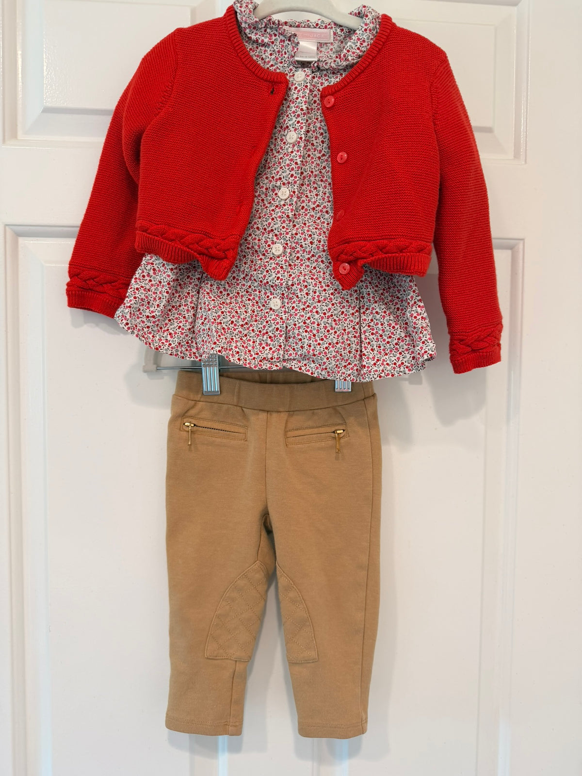 #85 Janie and Jack Floral Shirt, Red Sweater and Tan Ponte Pants, Girls 12-18m