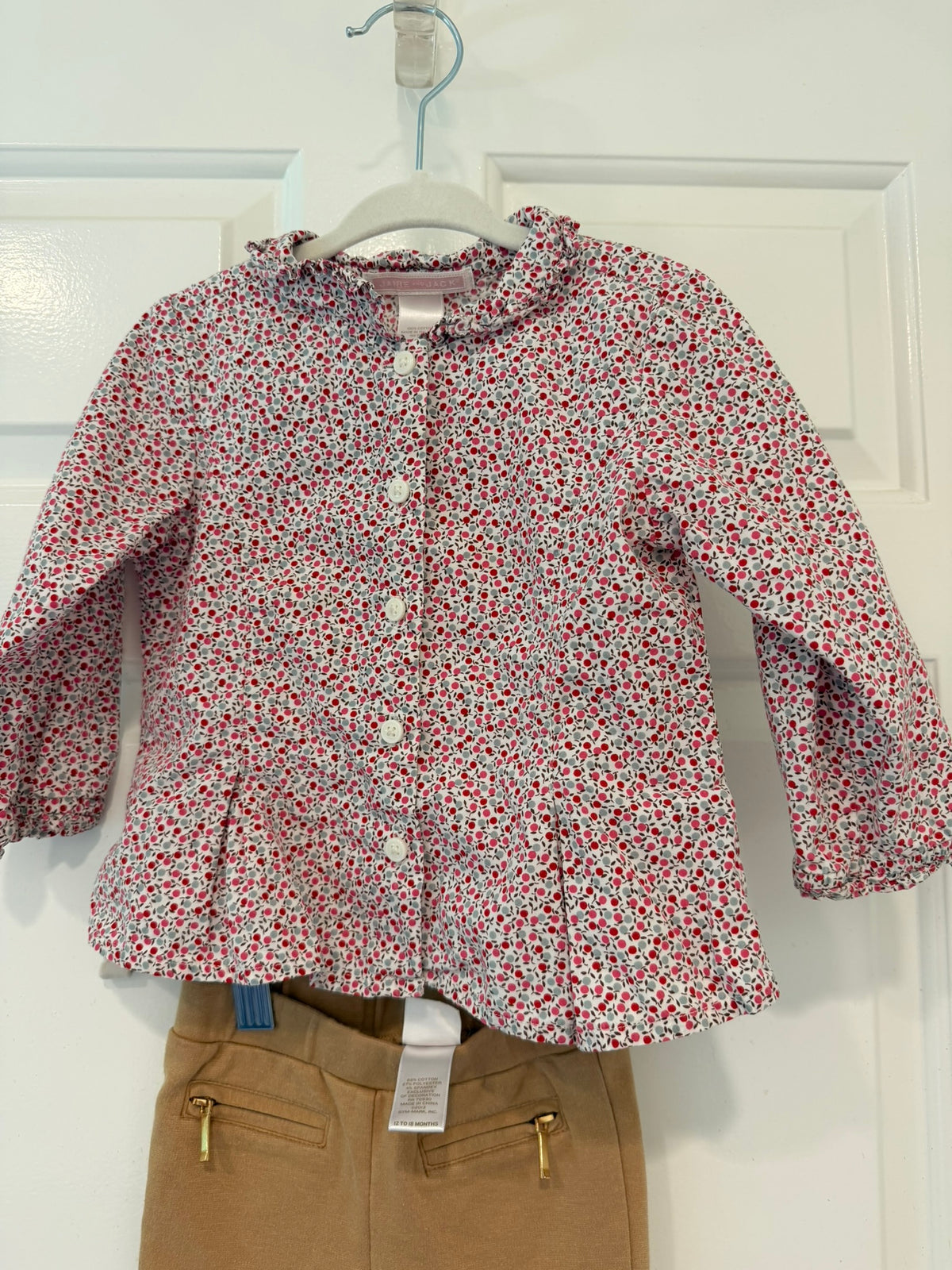 #85 Janie and Jack Floral Shirt, Red Sweater and Tan Ponte Pants, Girls 12-18m