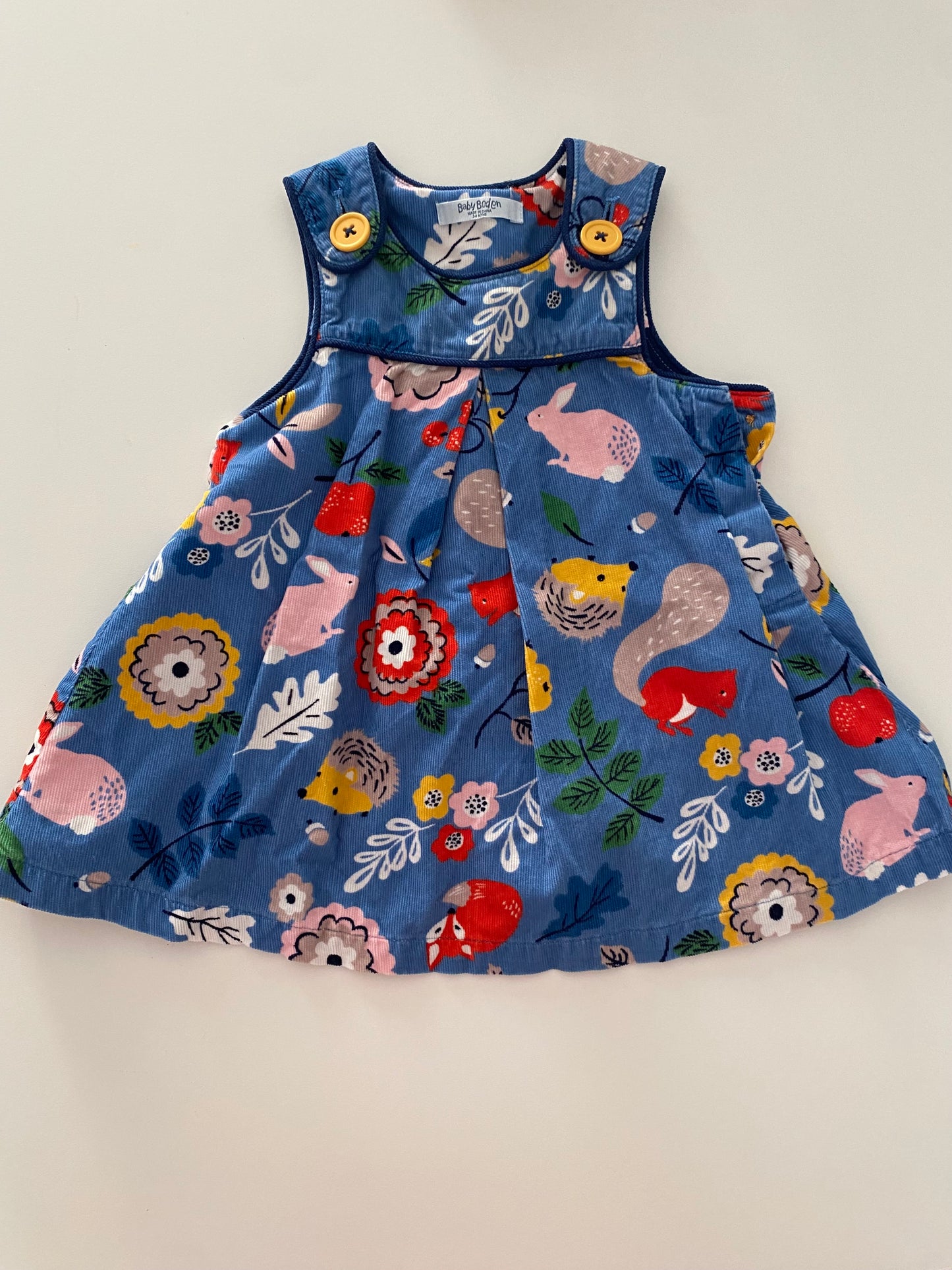 #117- Girls 6M, Boden blue cordoruy animal print jumper dress, EUC