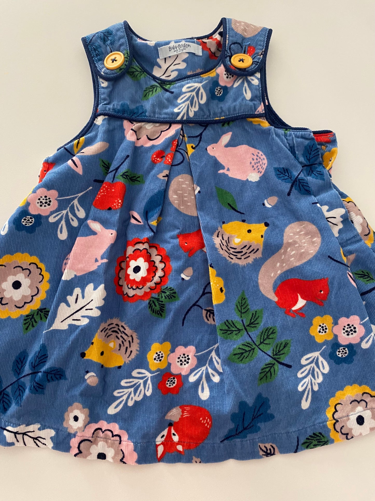 #117- Girls 6M, Boden blue cordoruy animal print jumper dress, EUC