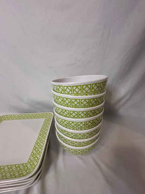 #90 Green & White Plastic Dishes
