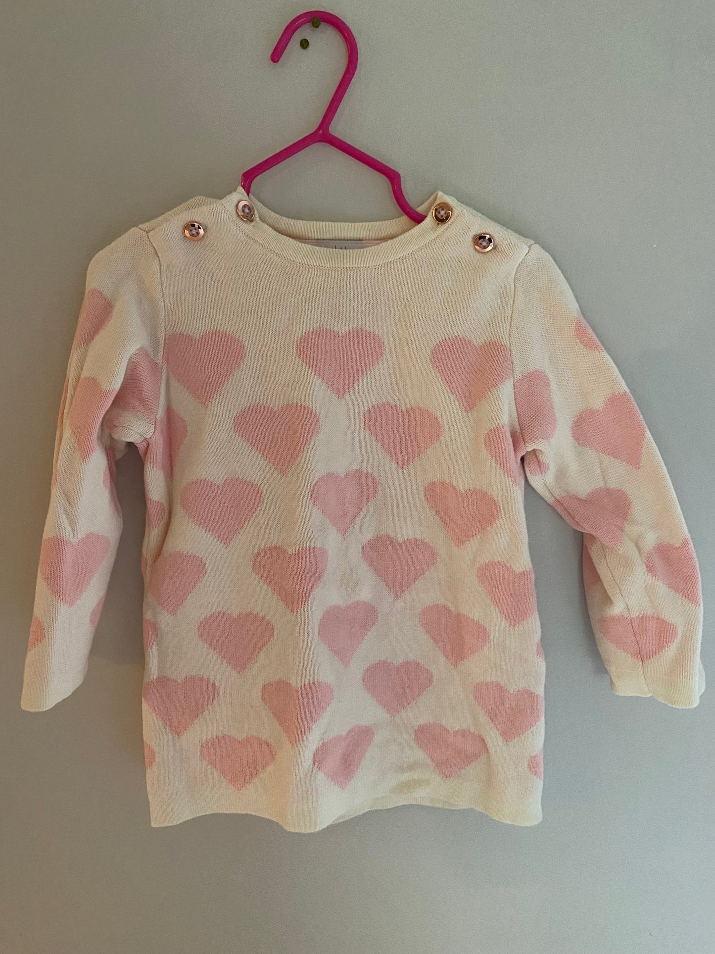 #84B- Girls 18M, SweetHoney cream and pink heart sweater, EUC