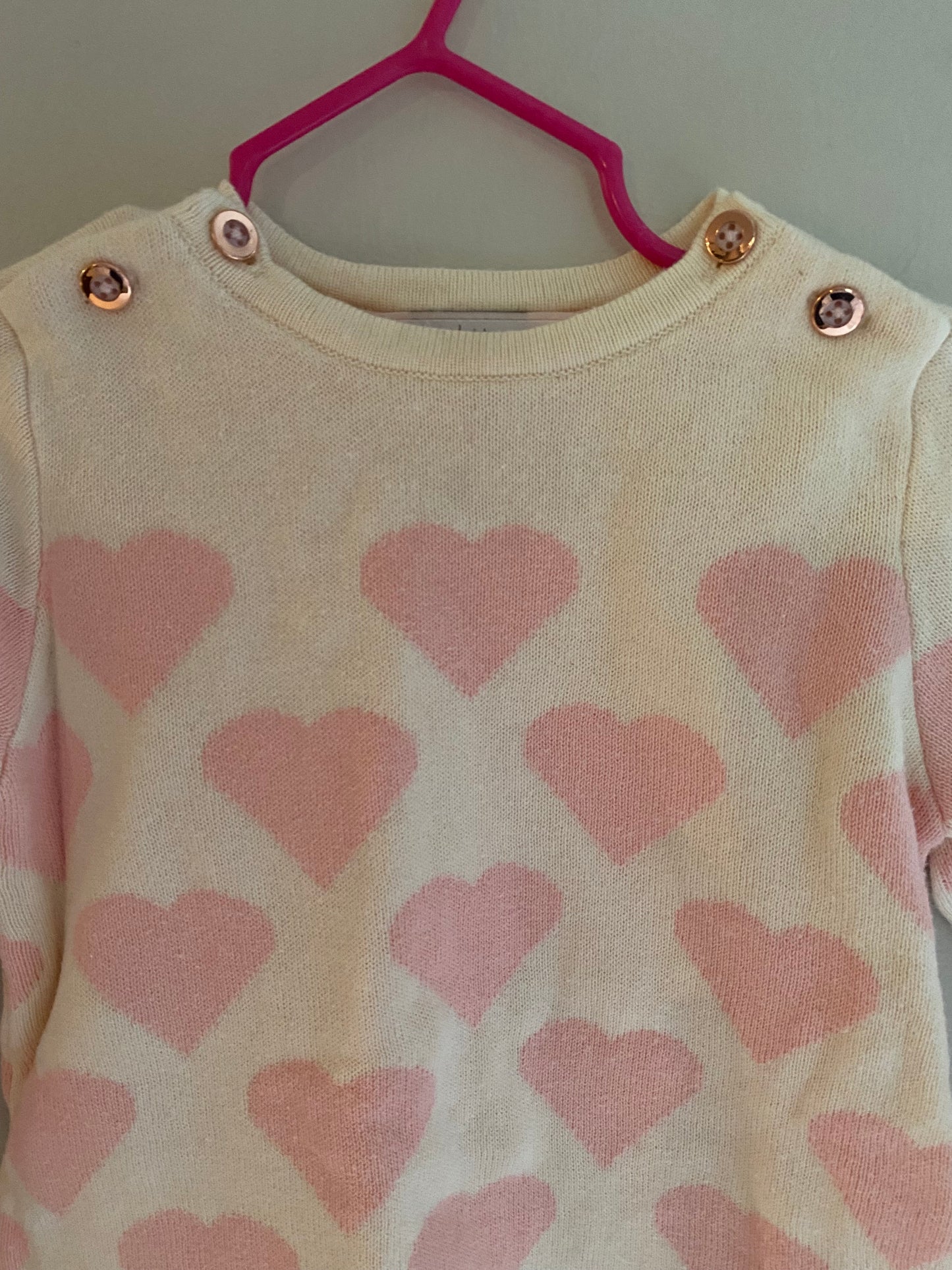 #84B- Girls 18M, SweetHoney cream and pink heart sweater, EUC