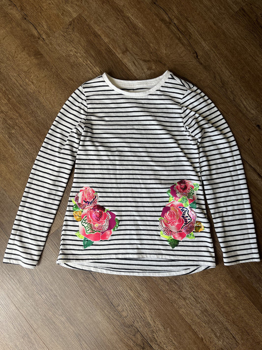 #124 Black & White Striped Shirt with Floral Detail Girls Size M 7/8