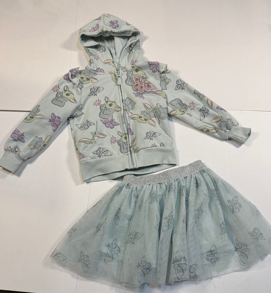 #180 Girls 5 Baby Yoda Hoodie Shirt and Tulle Skirt Set