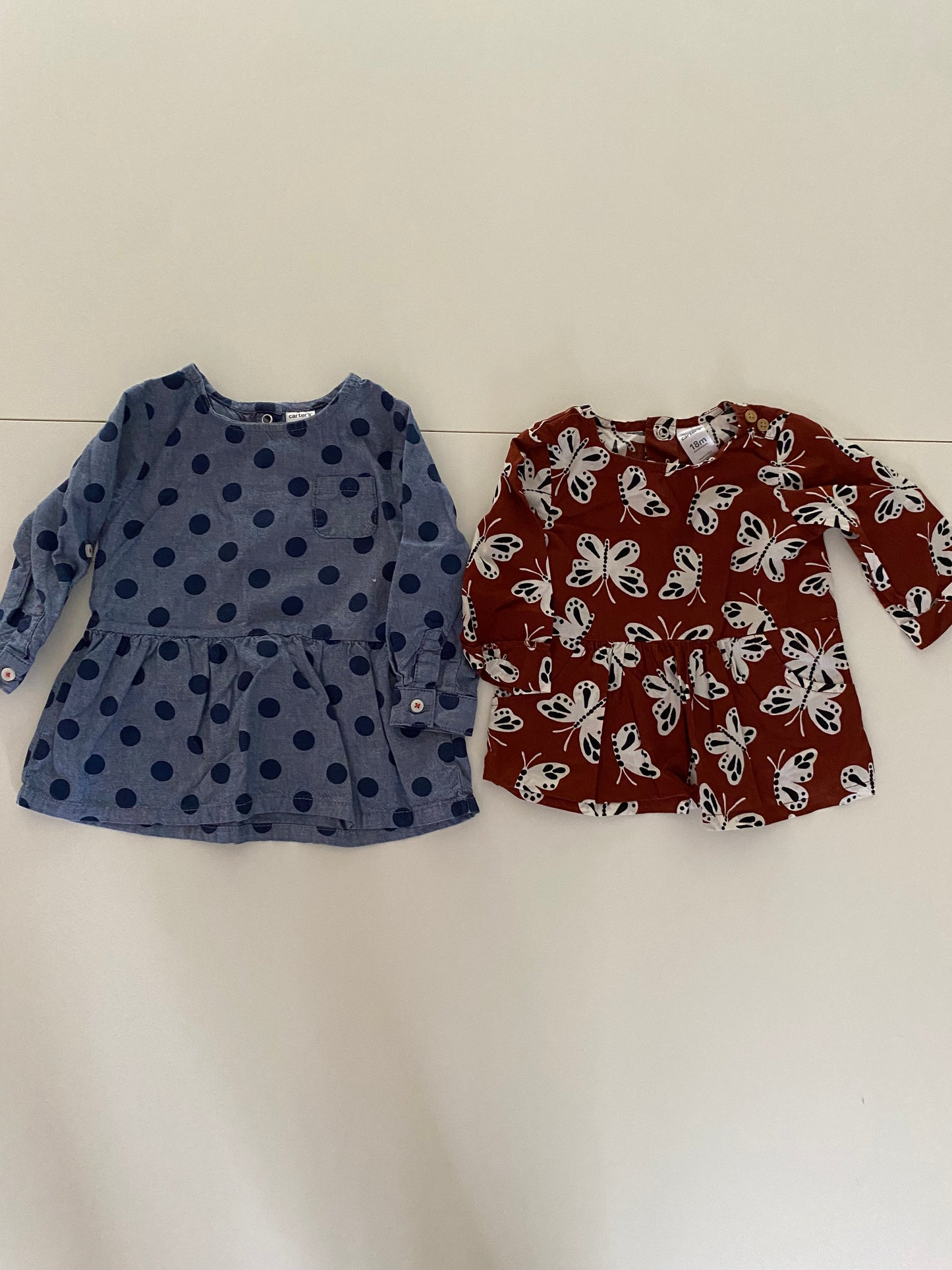 #84B- Girls 18M, Carter’s blue polka dot and burnt red butterfly shirts, GUC