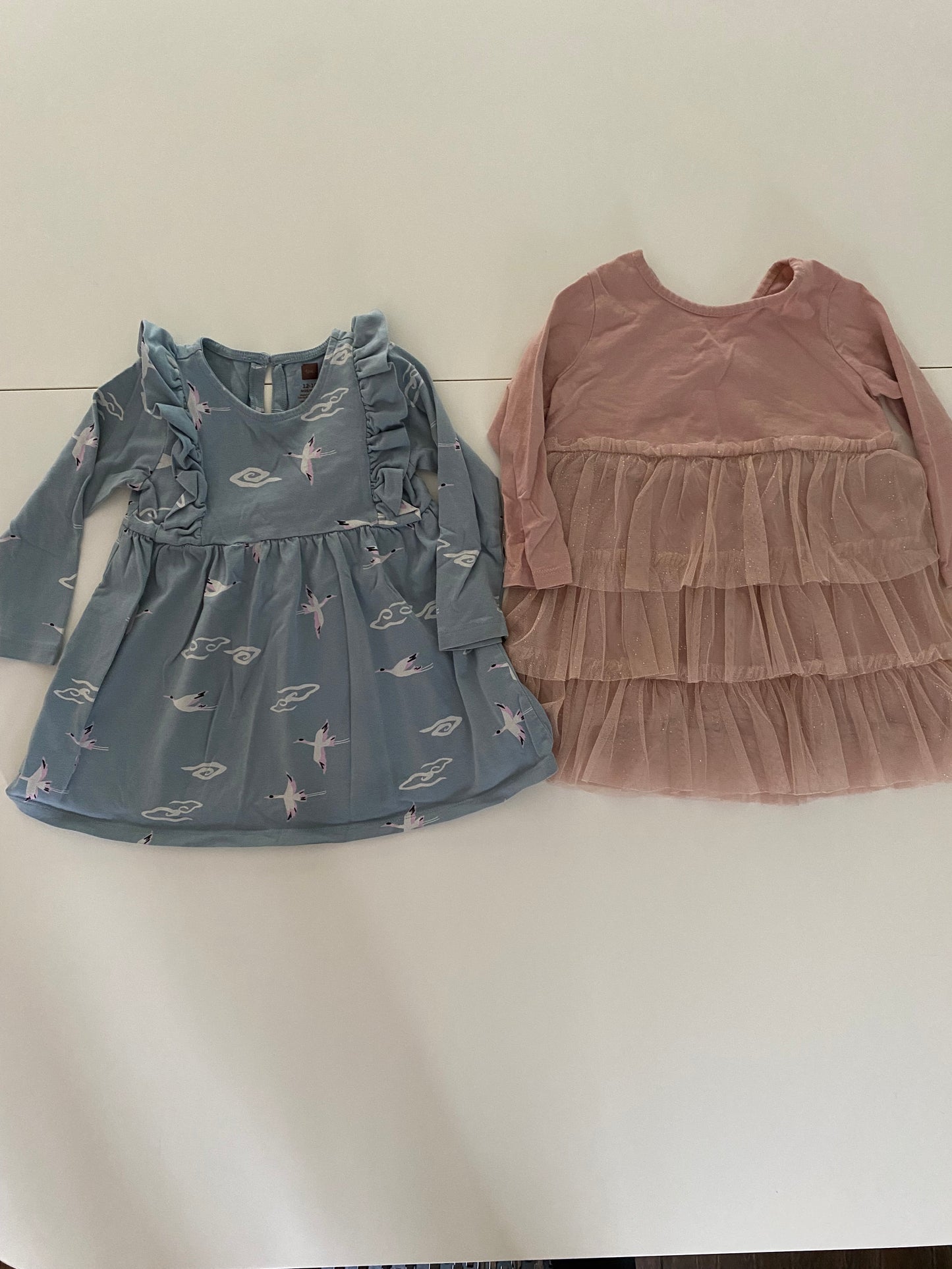 #84B- Girls 12-18M, Tea blue bird print dress and Gap rose dress with tiered tulle, VGUC