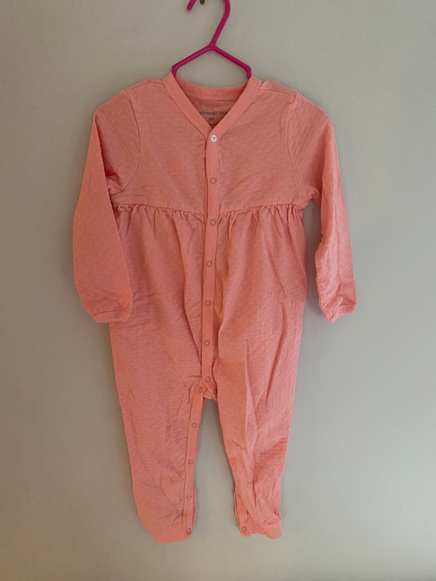 #84B- Girls 18M, Burt’s Bees hot pink coral long romper, EUC