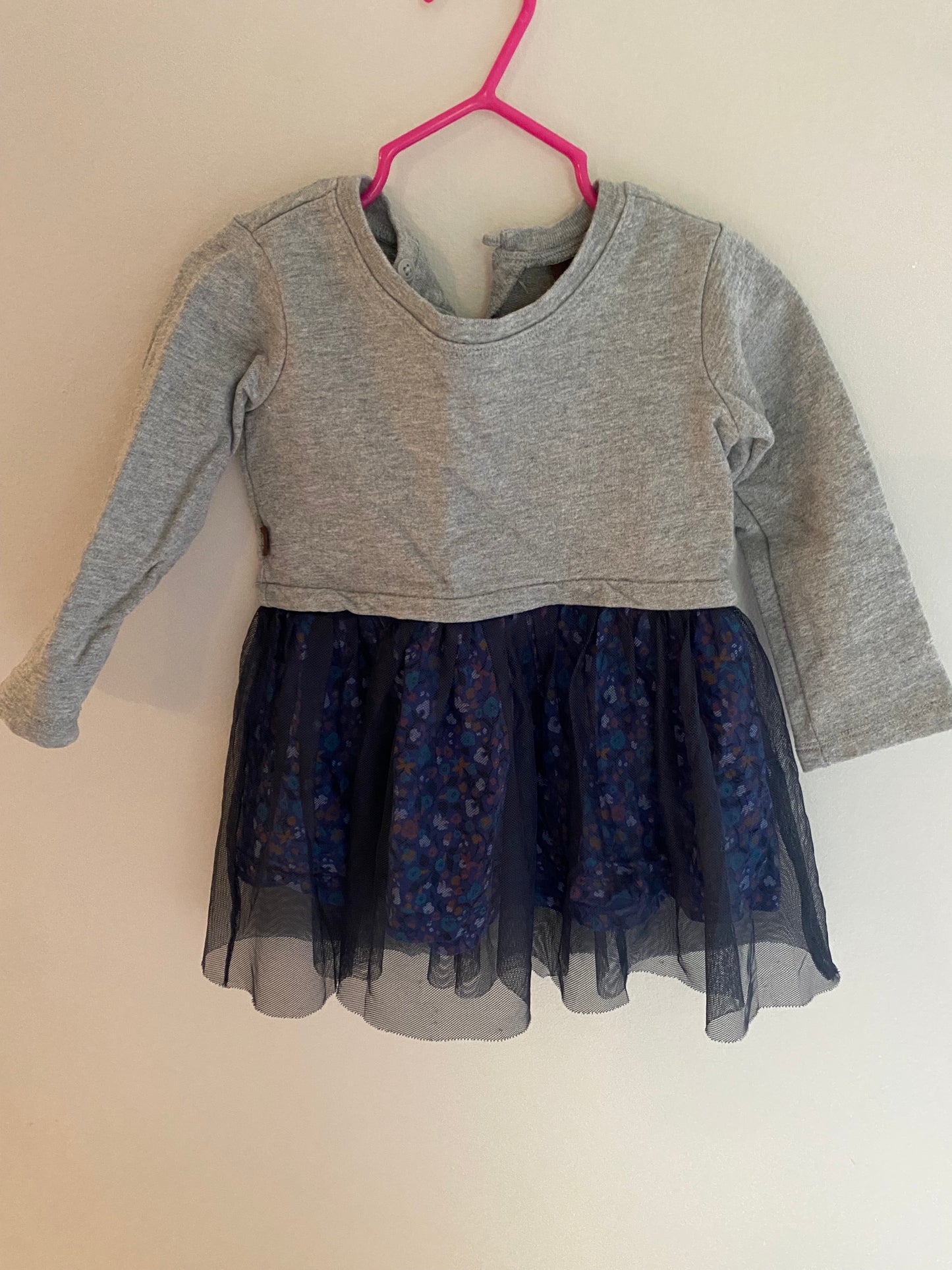 #84B- Girls 9-12M, Tea gray sweatshirt dress with floral bottom and navy tutu, VGUC