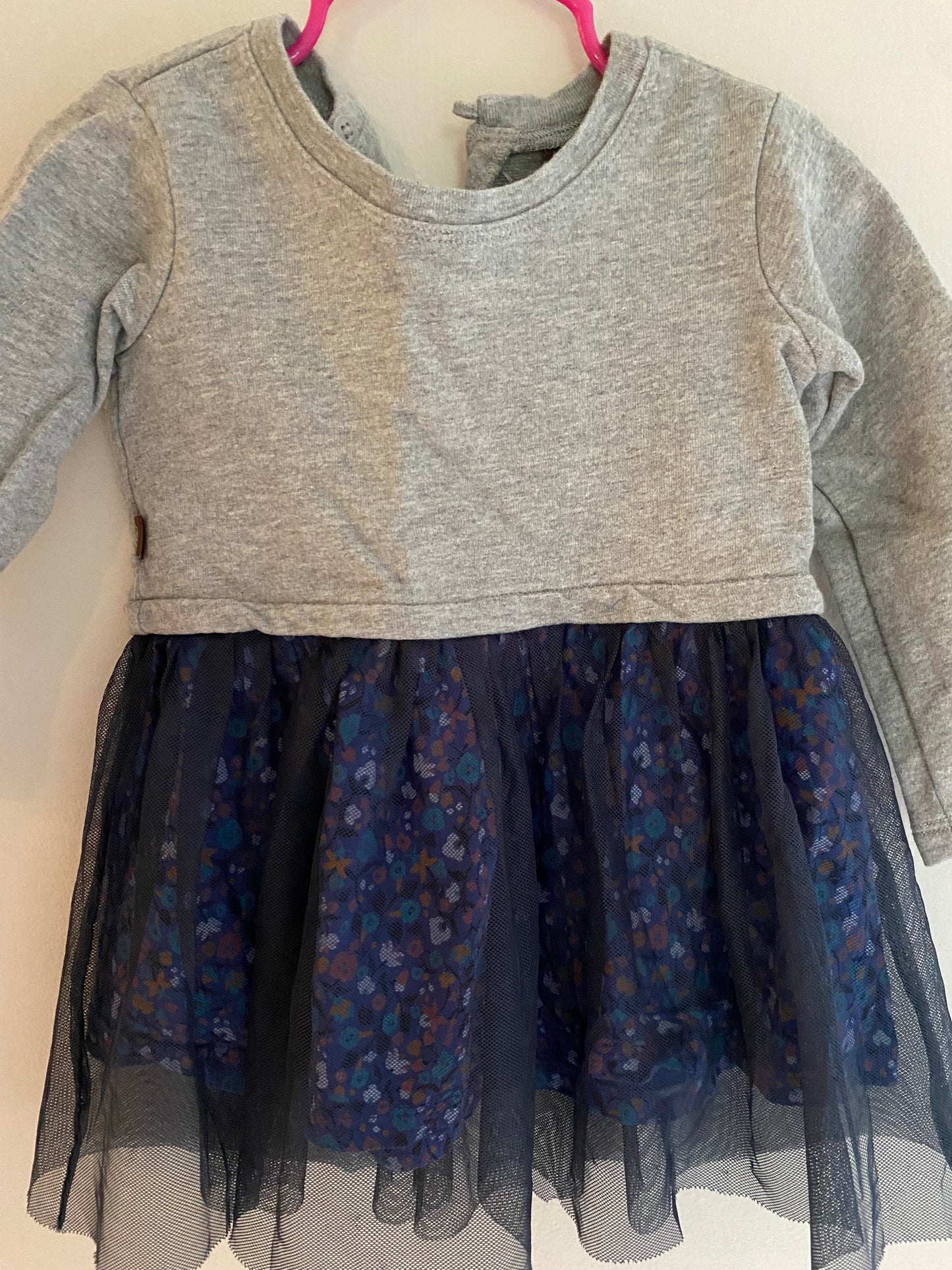 #84B- Girls 9-12M, Tea gray sweatshirt dress with floral bottom and navy tutu, VGUC