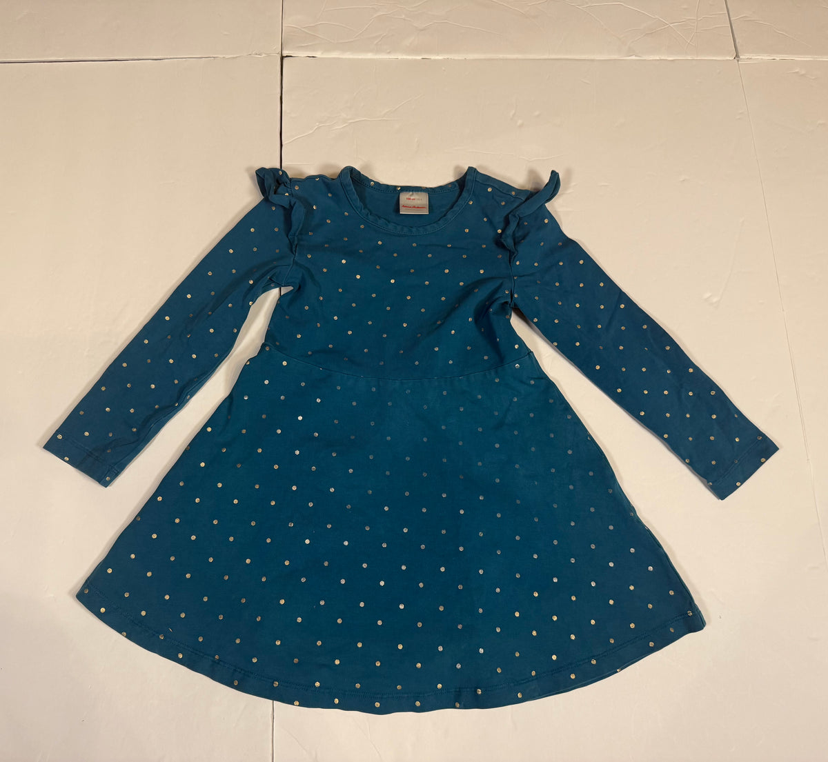 #141 Girls 4 (100) Hanna Andersson Teal Twirl Dress with Polka Dots See picture