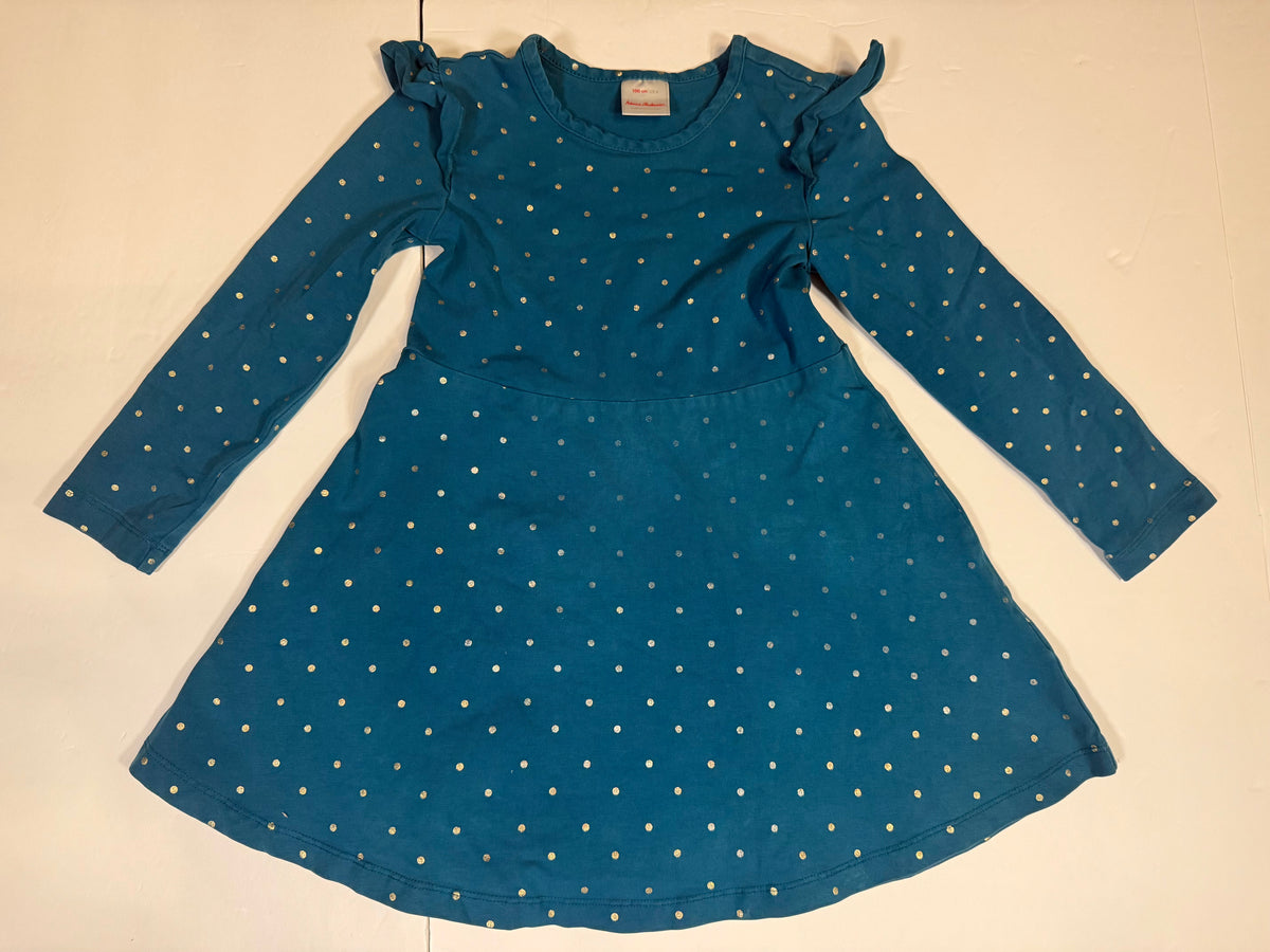 #141 Girls 4 (100) Hanna Andersson Teal Twirl Dress with Polka Dots See picture