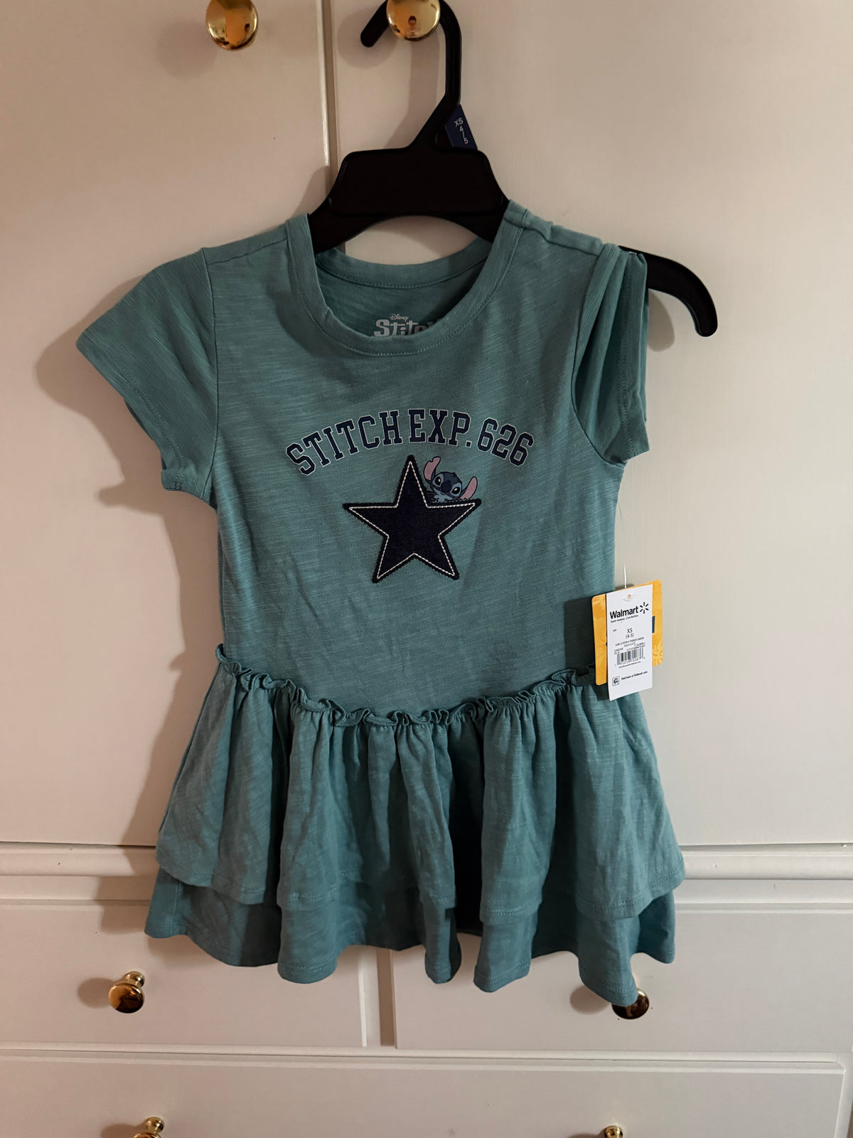 #117, Girls 5, Disney Stitch Olive Green Dress, New