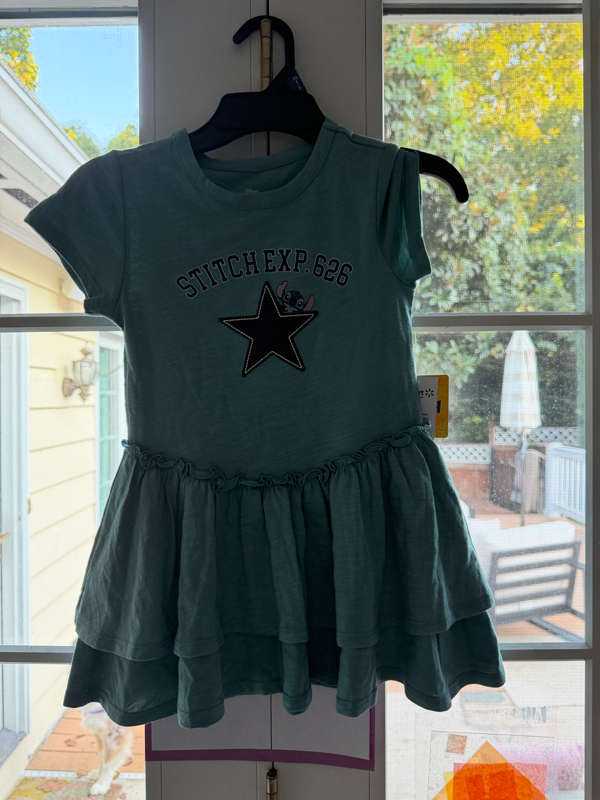 #117, Girls 5, Disney Stitch Olive Green Dress, New