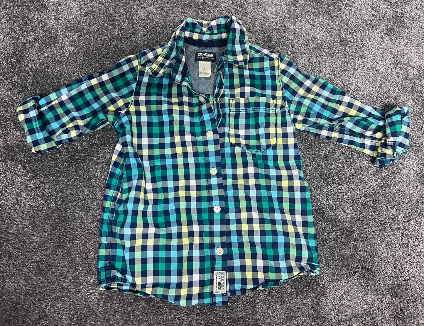 #4. Boys 5T Osh Kosh blue/teal plaid button down, VGUC