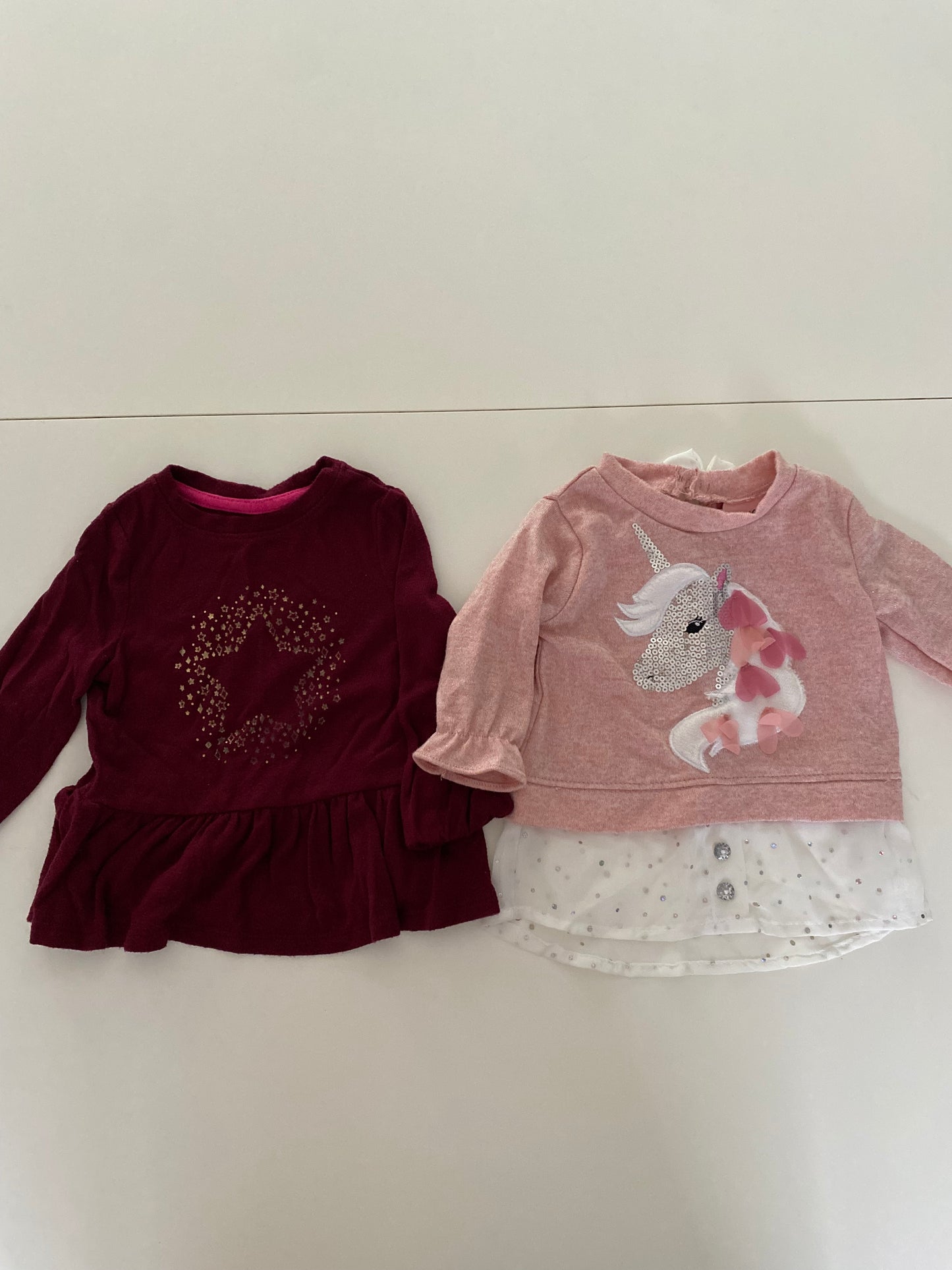 #84B- Girls 12 M, cat&Jack maroon star and Little Lass unicorn shirt, GUC