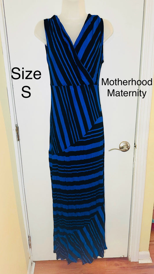 #186 Motherhood Maternity Black & Blue Striped Maxi Dress - size S - EUC