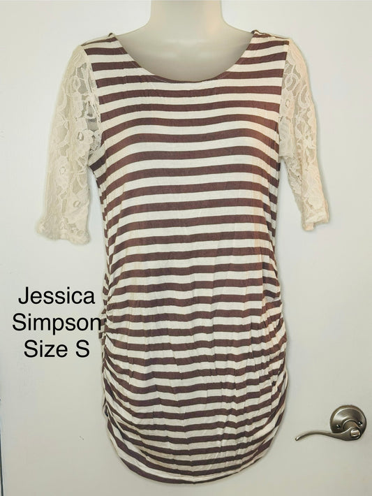 #94 Jessica Simpson Maternity Tan & Cream Striped Shirt with Lace Sleeves - Size S - EUC