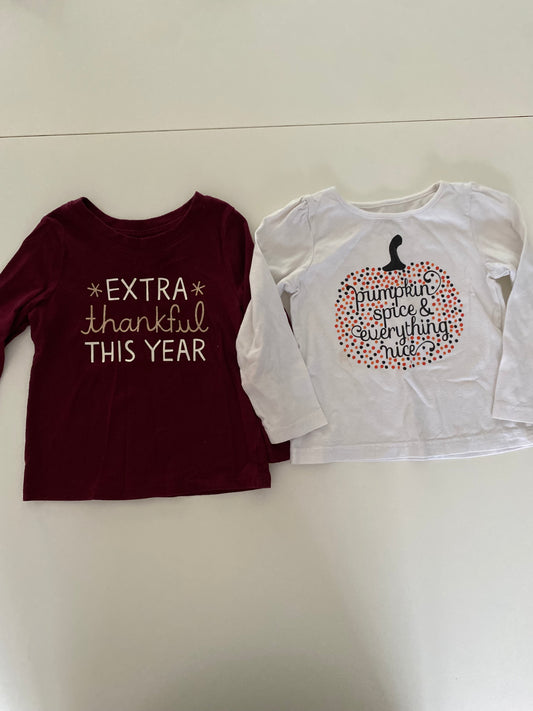 #84B- Girls 2T, Fall shirt bundle, white Pumpkin spice and ON maroon thankful shirt, GUC