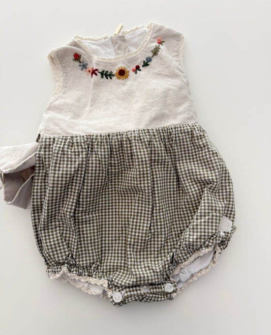 #117, Girls 18M, Roots Thread Co. brown linen fall romper, VGUC
