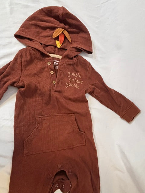 #90 Thanksgiving turkey hooded romper    Size 18 months