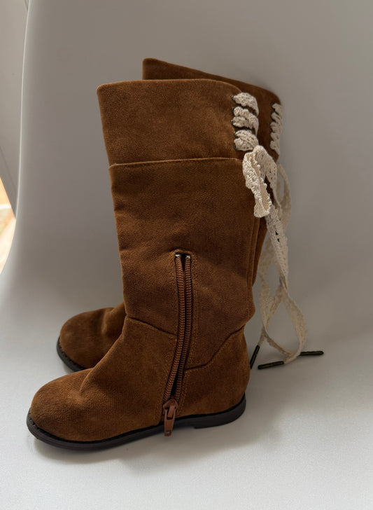 #117, Girls shoes 6c, Joyfolie brown leather boots with lace accent, VGUC