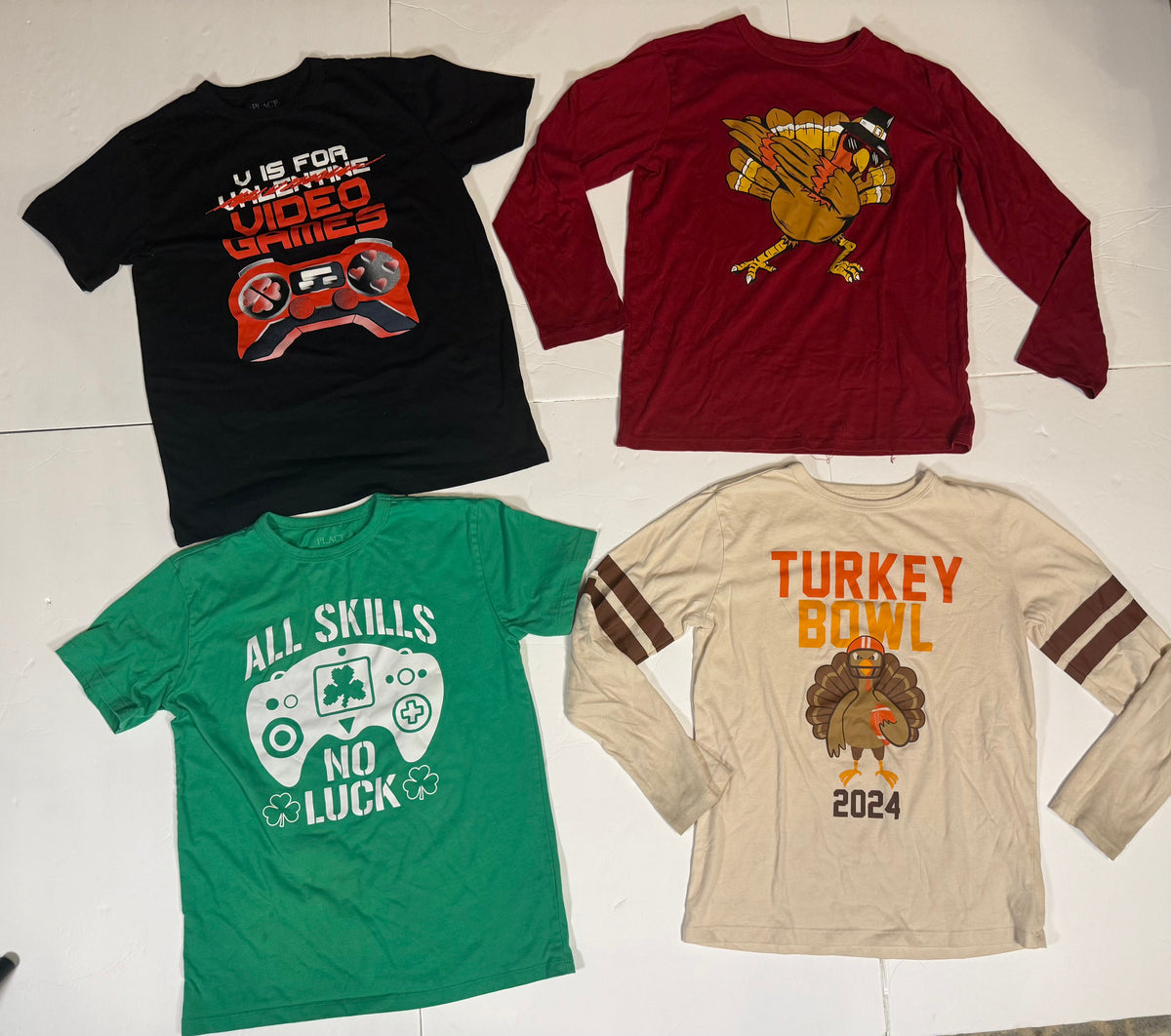 #141 Boys Large 10-12 Childrens Place Holiday Bundle- All Skills No Luck for St Patricks Day, V is for Video Games for Valentines Day, and Turkey Bowl
