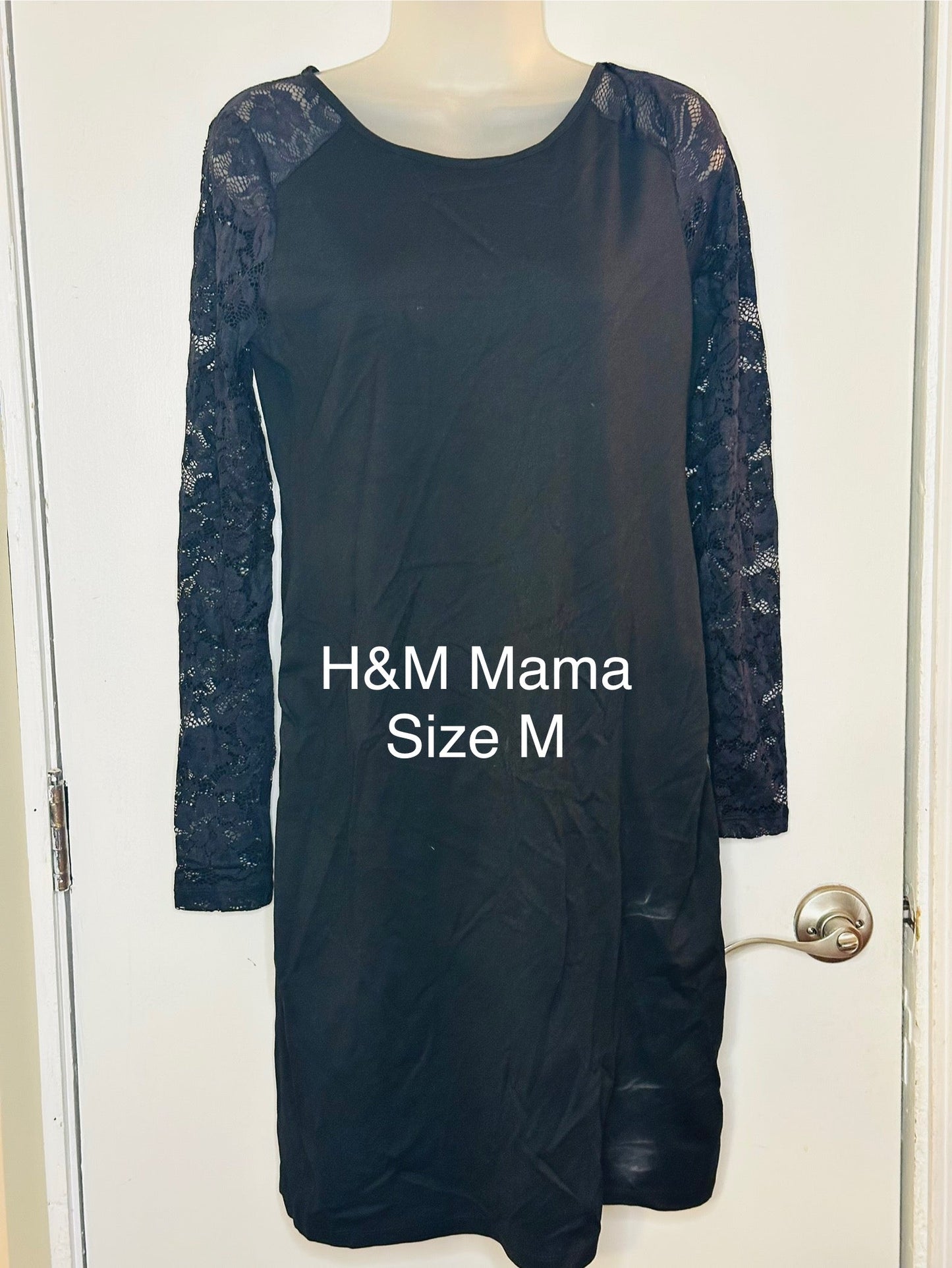 #94 REDUCED H&M Mama Black Maternity Dress with Lace Sleeves - size M - EUC
