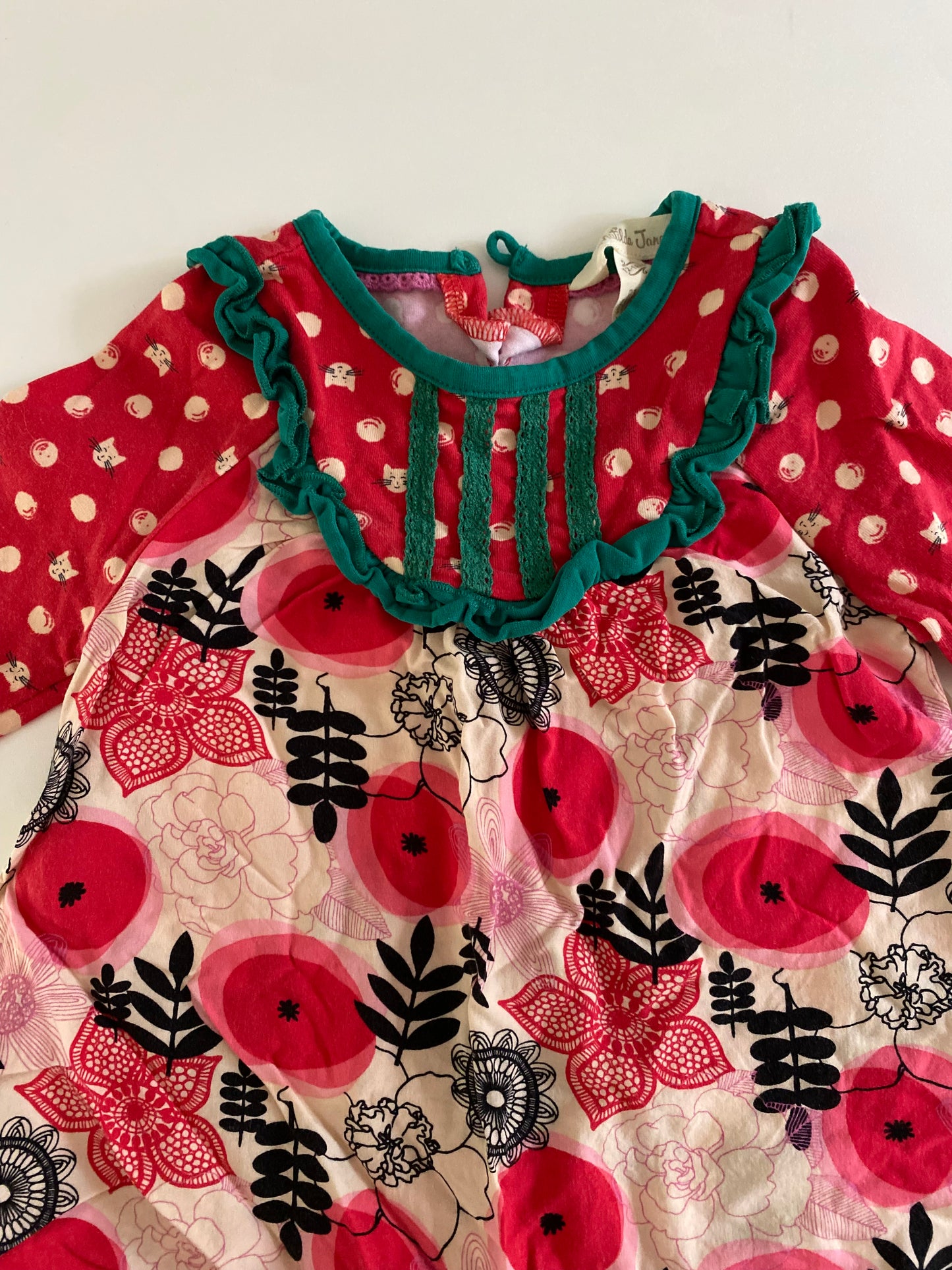 #84B- Girls 12-18M, Matilda Jane red floral kitty tunic, GUC