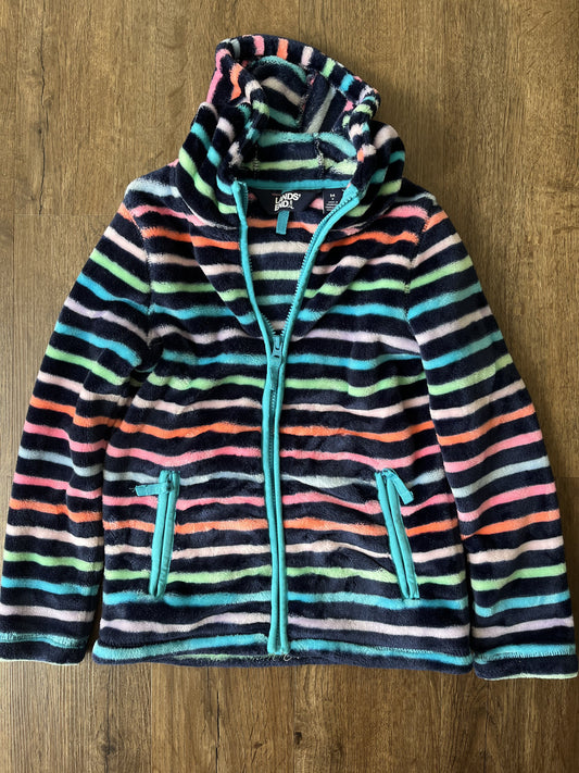 #124 EUC Lands' End Navy Stripe Fleece Zipper Jacket Girls Size M 8
