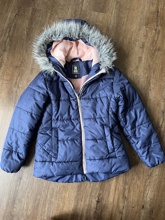 #124 S Rothschild Navy Winter Coat w/Faux Fur Hood Detail Girls Size S 7/8
