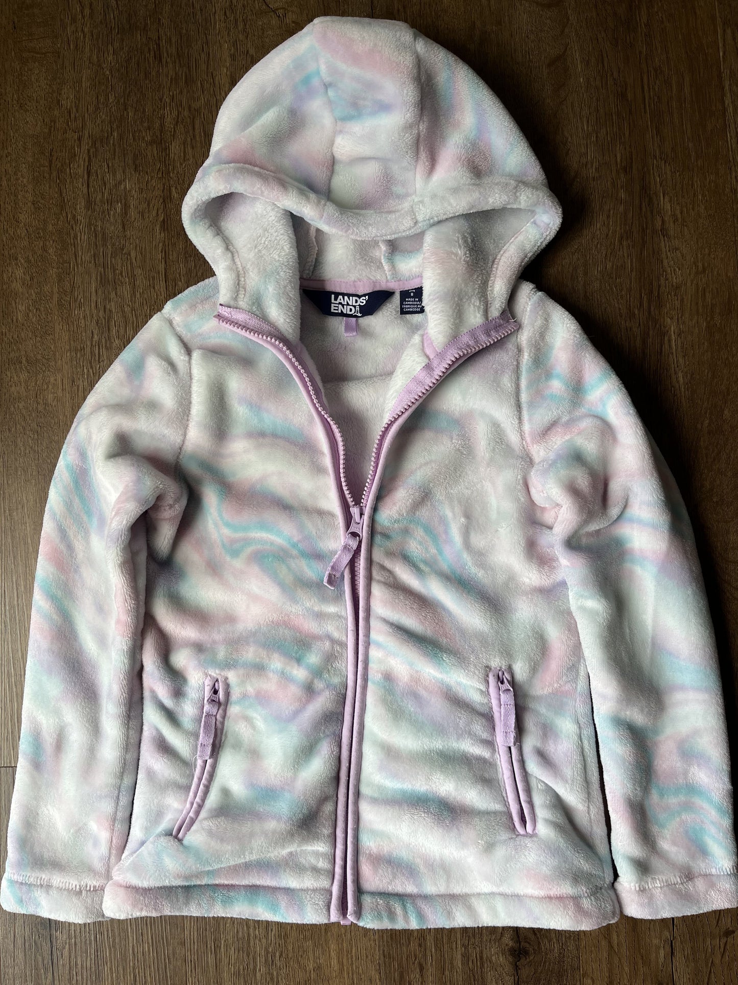 #124 EUC Lands' End Pastel Swirl Fleece Zipper Jacket Girls Size M 8