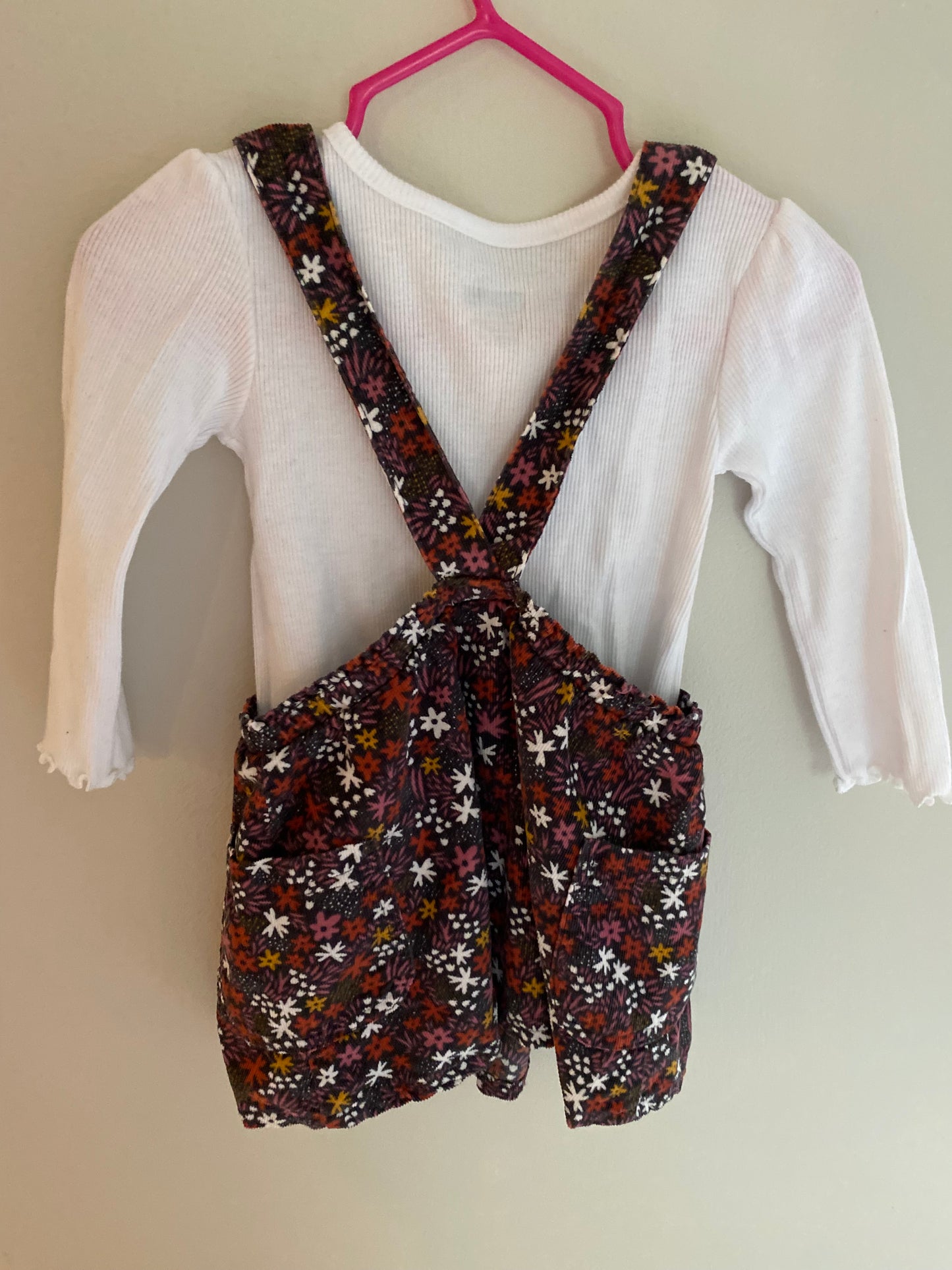 #84B- Girls 12M, Little Co Floral Jumper and White rubbed shirt, EUC