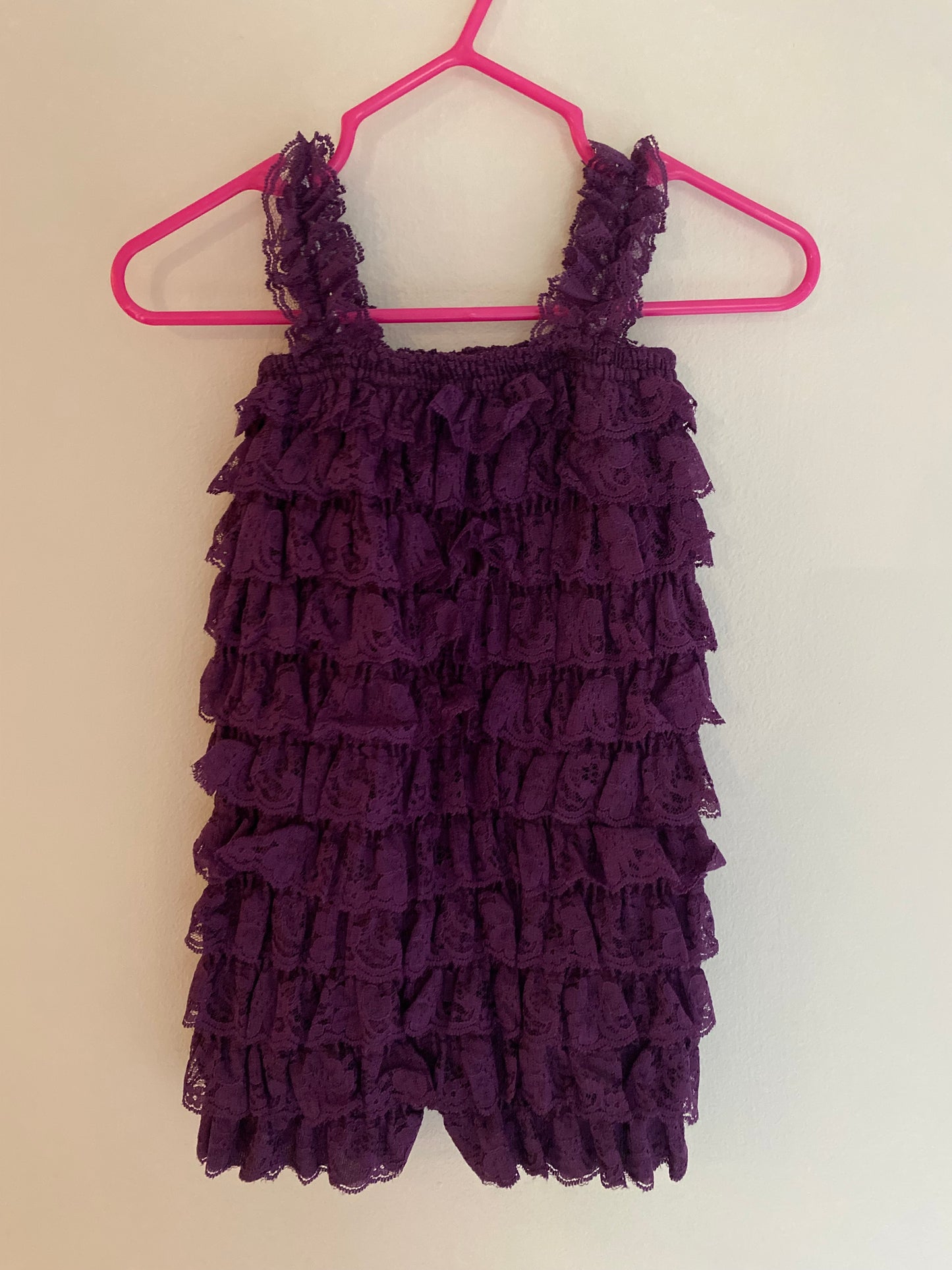 #84B- Girls 12M, purple tiered lace romper, VGUC