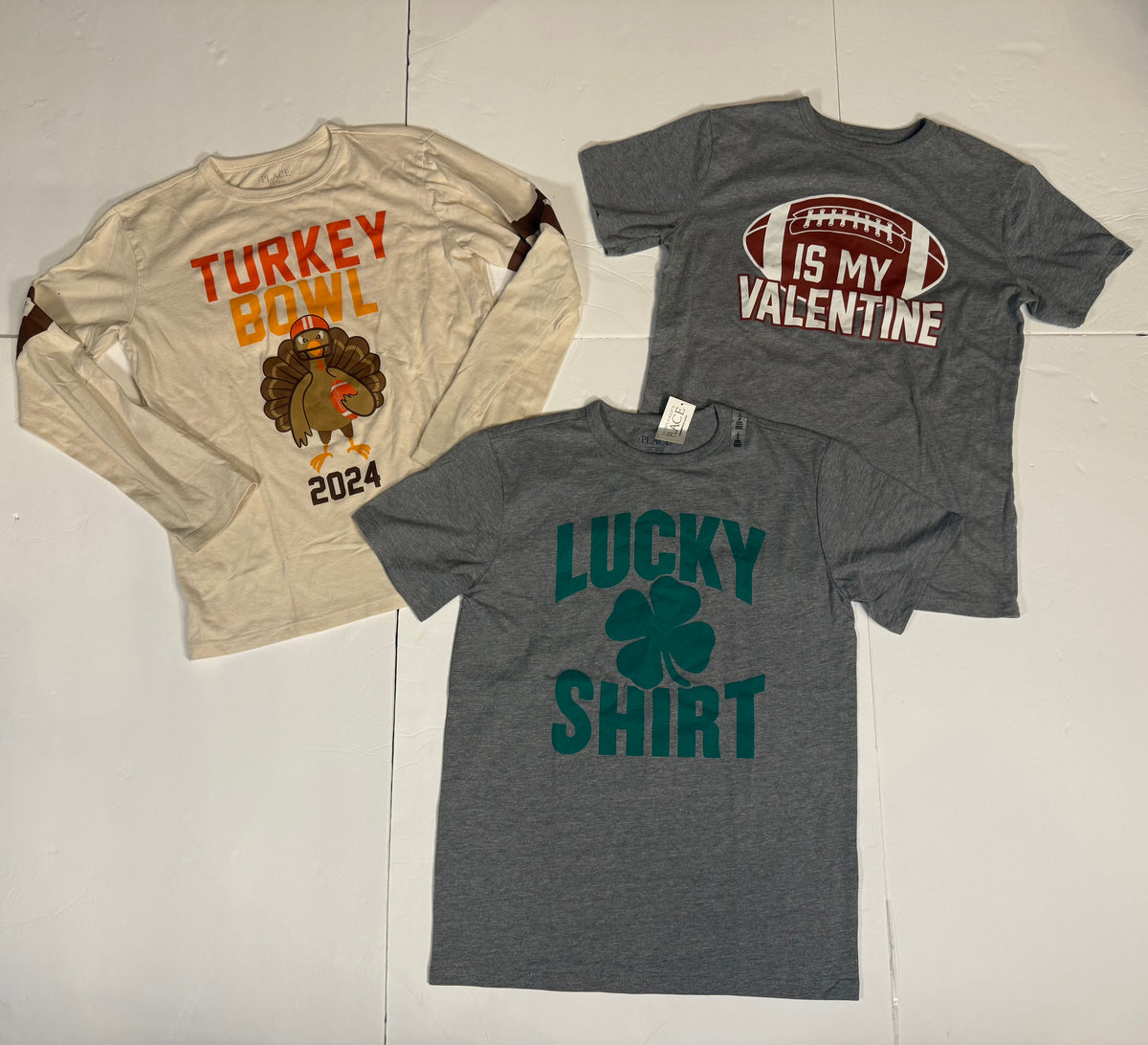 #141 Boys Large 10-12 Childrens Place Bundle - NWT Lucky Shirt for St Patricks Day, Turkey Bowl and Football is my Valentine