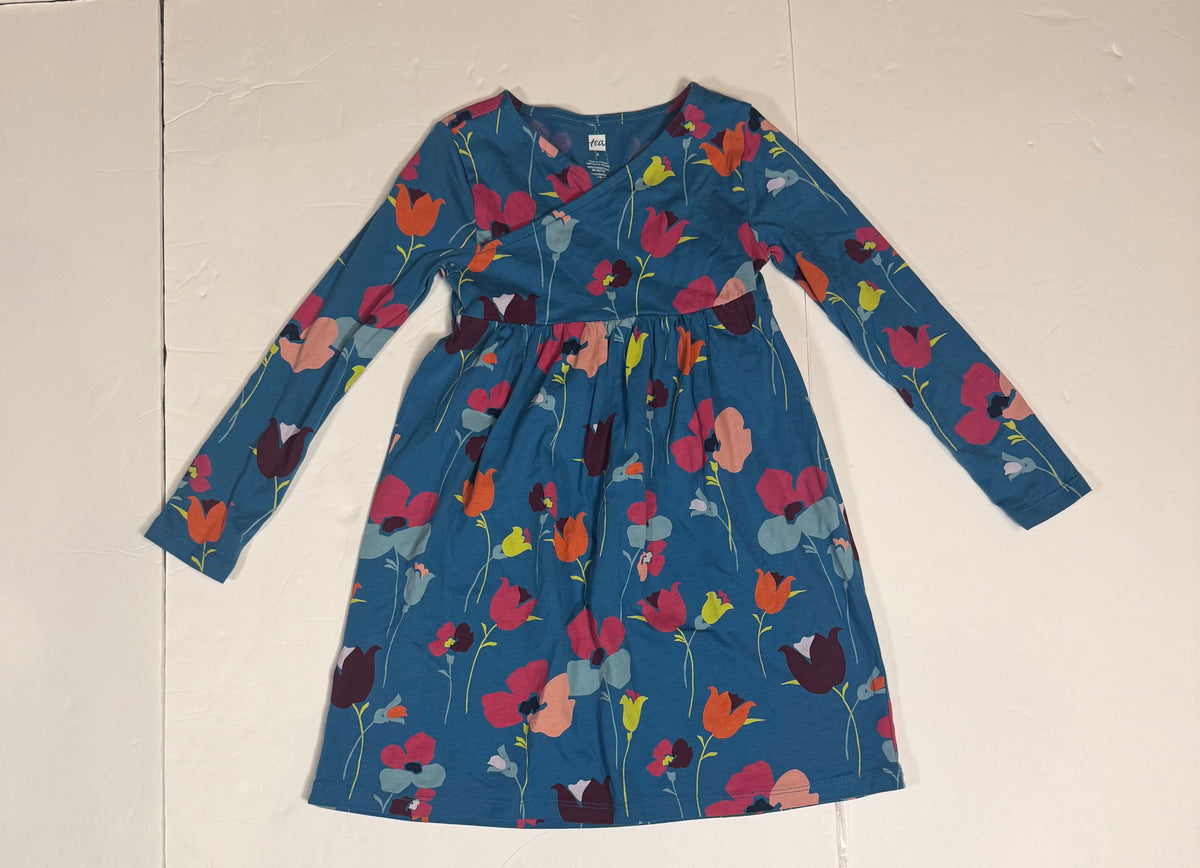 #141 Girls 5 Tea Blue Long Sleeve Dress with Pink Florals