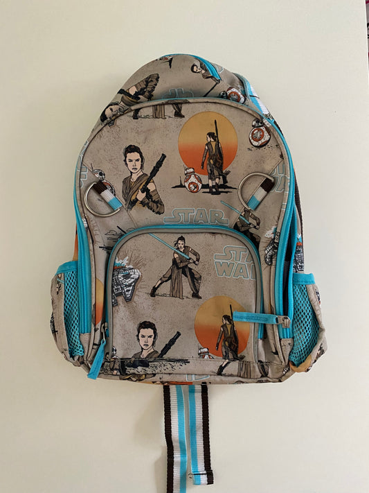 #117,  Star Wars Rey Backpack, tan and blue, EUC